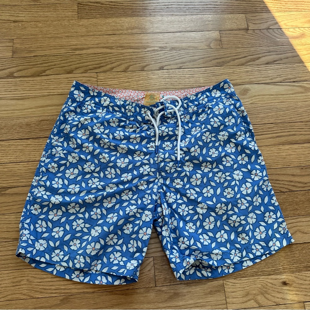 Bonobos Men’s blue white floral bathing suit swim trunks size 31 7 inch